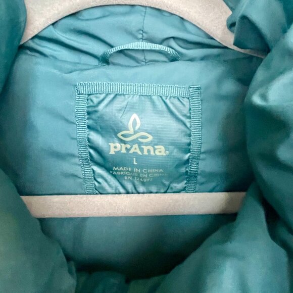 Prana Milly Down Puffer Coat Balsam Green Packable Thigh Length Hooded Womens L - Picture 4 of 15